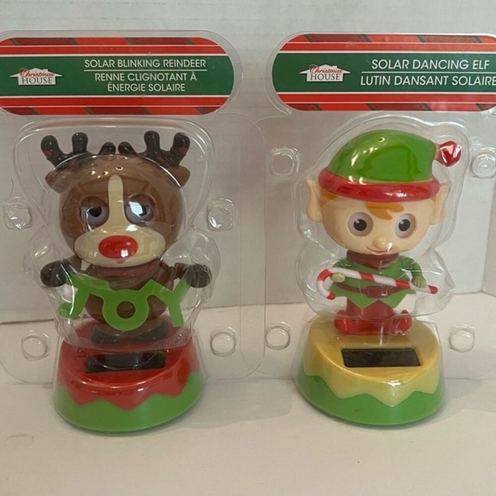 Christmas House Solar Dancing Elf & Blinking Reindeer Set of 2 Holiday Novelty